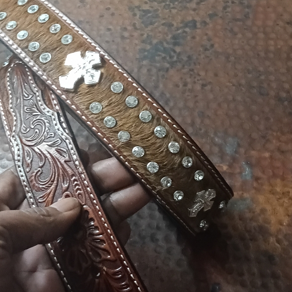 Nocona Men's Sz. 38 Brown Hair On Hide Crystal Studded Leather Western Belt - Picture 9 of 16
